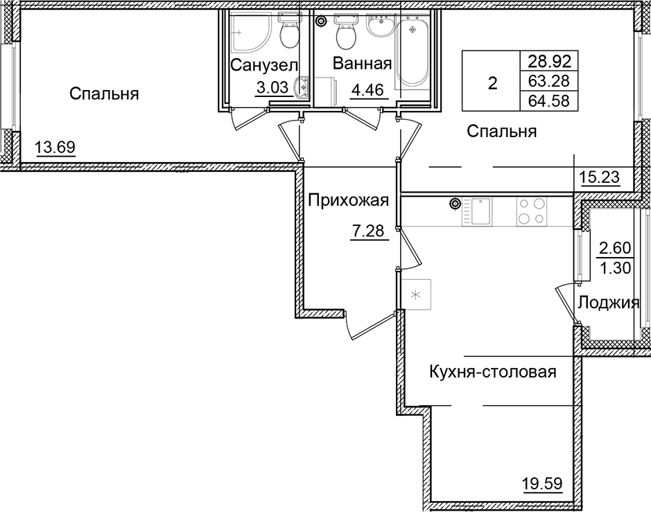 2-комнатная квартира 64.58 м², 2/9 эт., ЖК «Квартал Заречье»